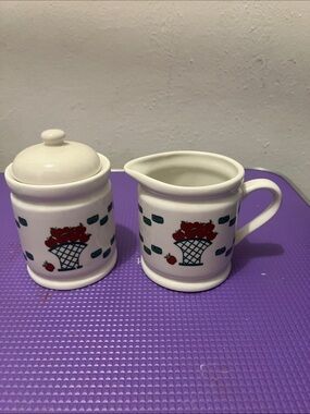 GEI White Ceramic Sugar and Creamer Set with Red Fruit Basket Motif